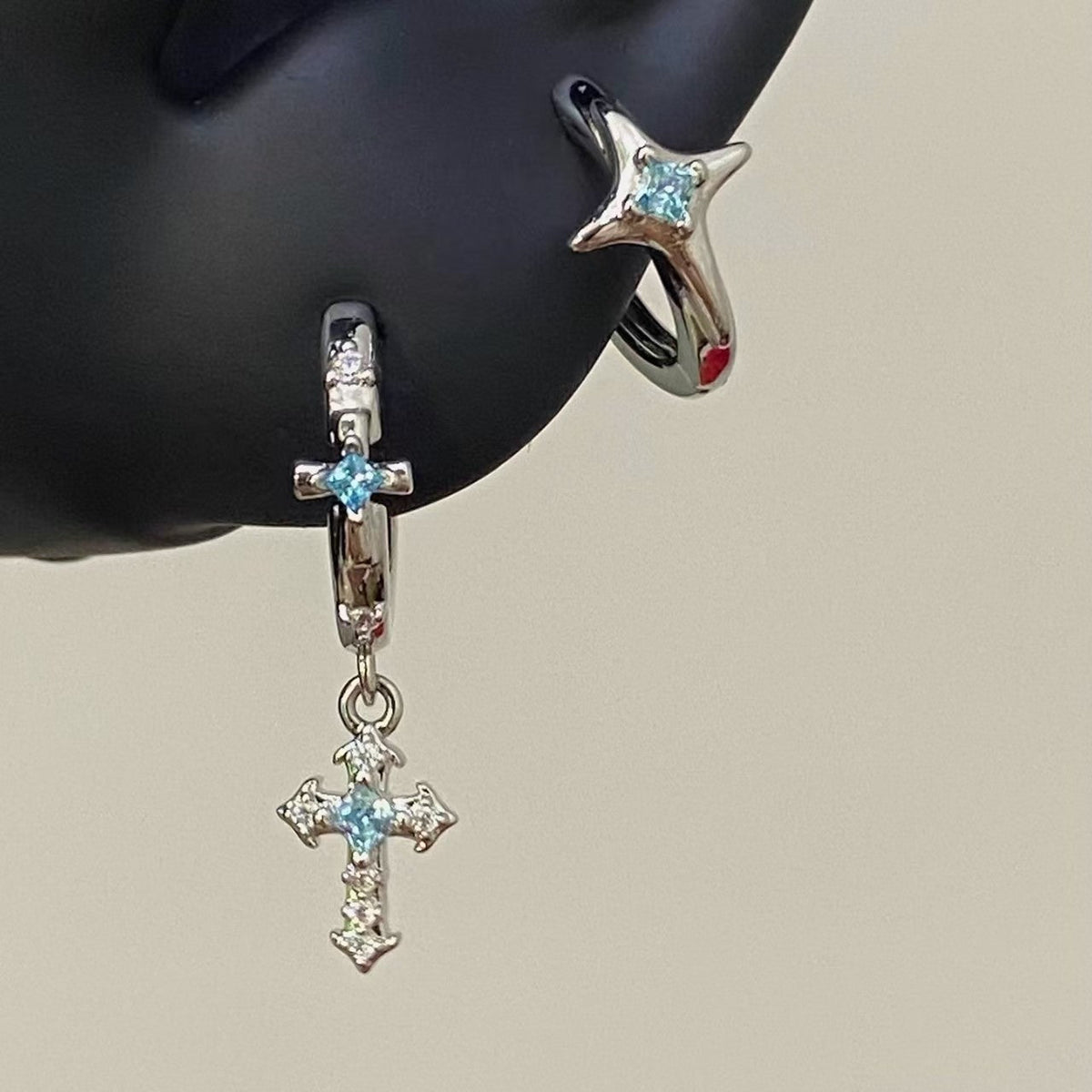 Cross Pendant Rhinestone Hoop Earrings — earrings, view 2
