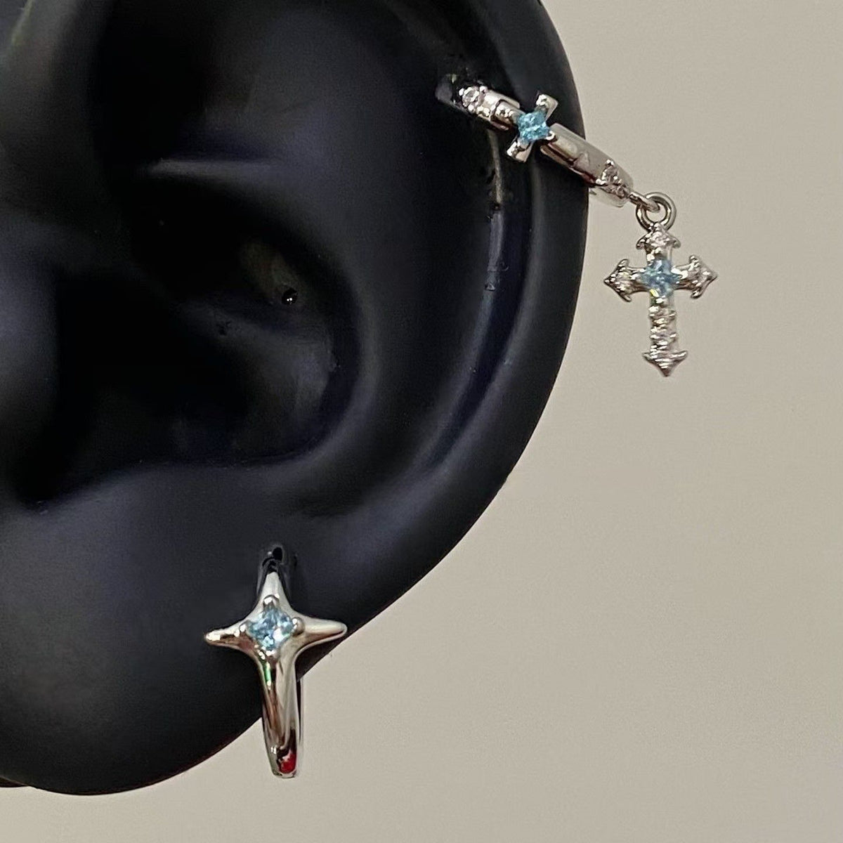 Cross Pendant Rhinestone Hoop Earrings — earrings, view 3