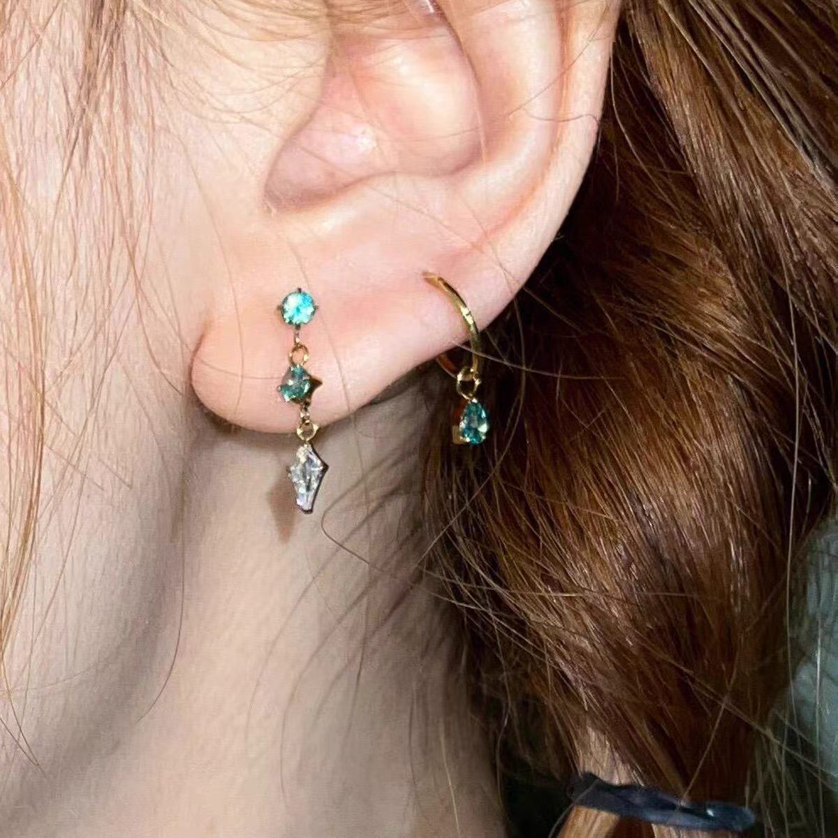 Rhinestone Hoop Earrings, Blue — blue earrings, view 2