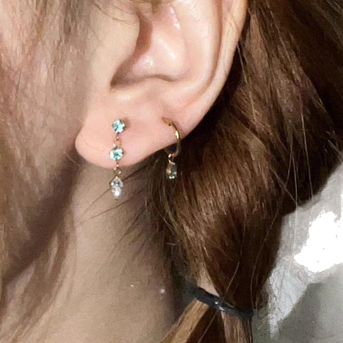 Rhinestone Hoop Earrings, Blue — blue earrings, view 3