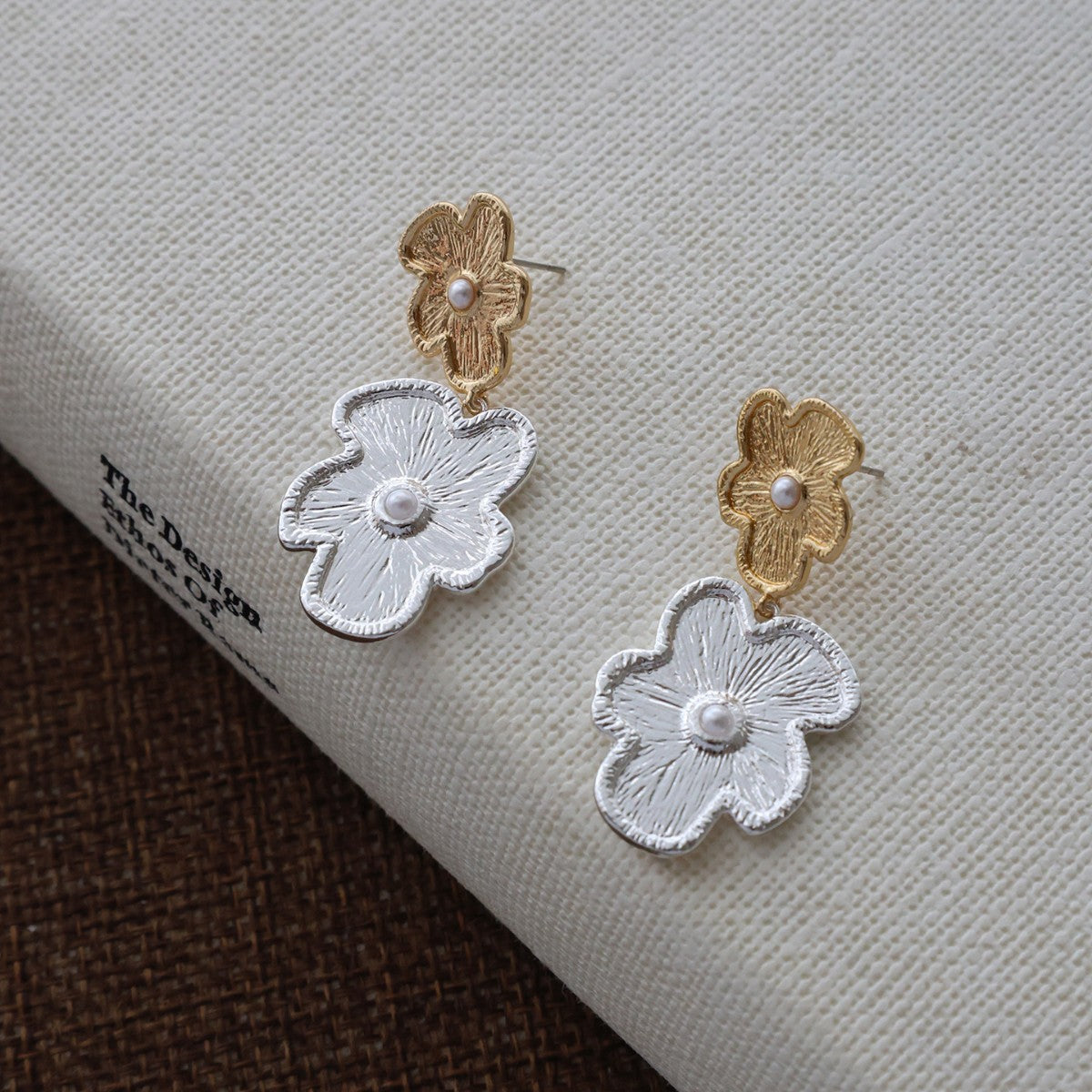Exaggerated Floral Pearl Earrings — gold silver earrings, view 3