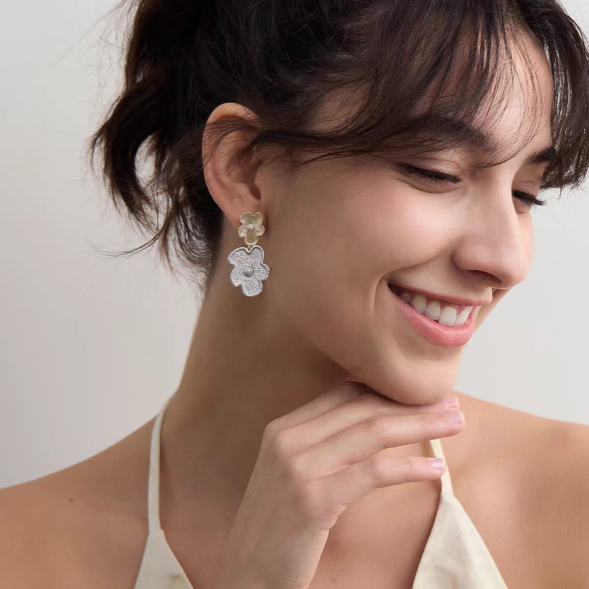 Exaggerated Floral Pearl Earrings — gold silver earrings, view 5