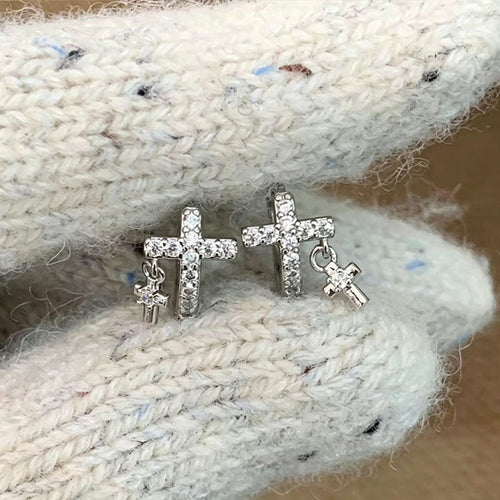 Cross Shape Zircon Hoop Earrings — silver earrings, view 2