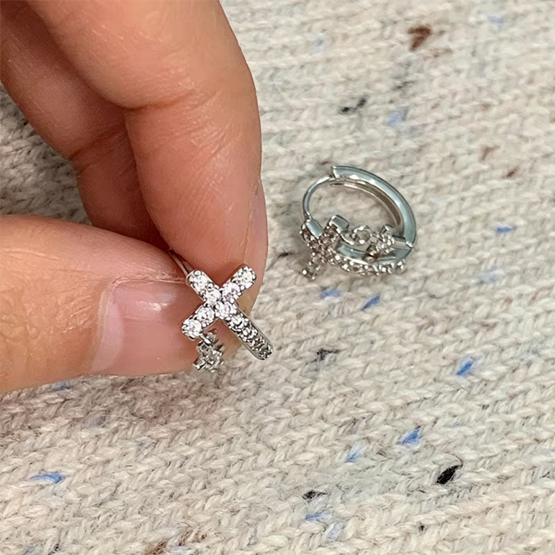Cross Shape Zircon Hoop Earrings — silver earrings, view 3