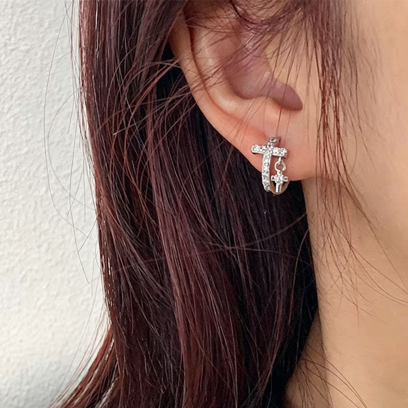 Cross Shape Zircon Hoop Earrings — silver earrings, view 4