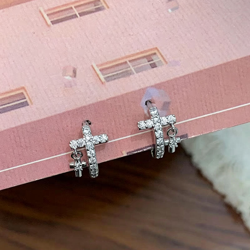 Cross Shape Zircon Hoop Earrings — silver earrings, view 5