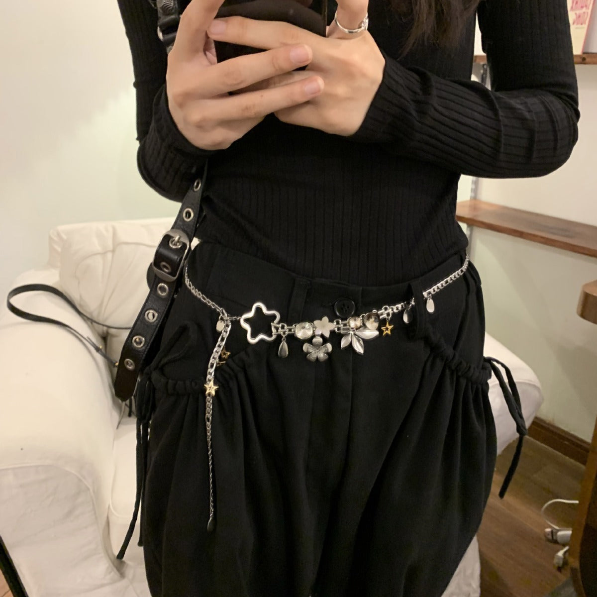Star and Flower Waist Chain — silver body chain, view 2