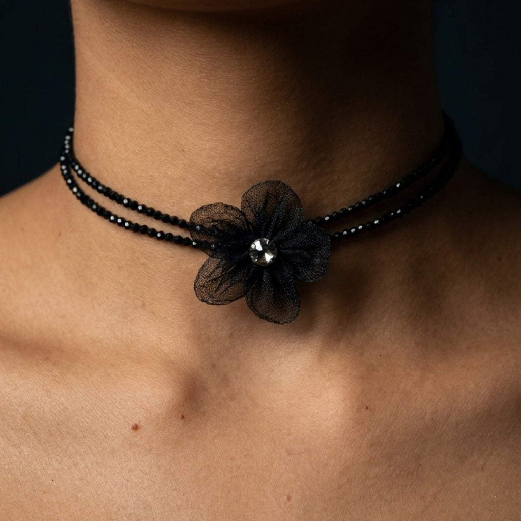 Crystal Charm Chain Necklace — black necklace, view 2