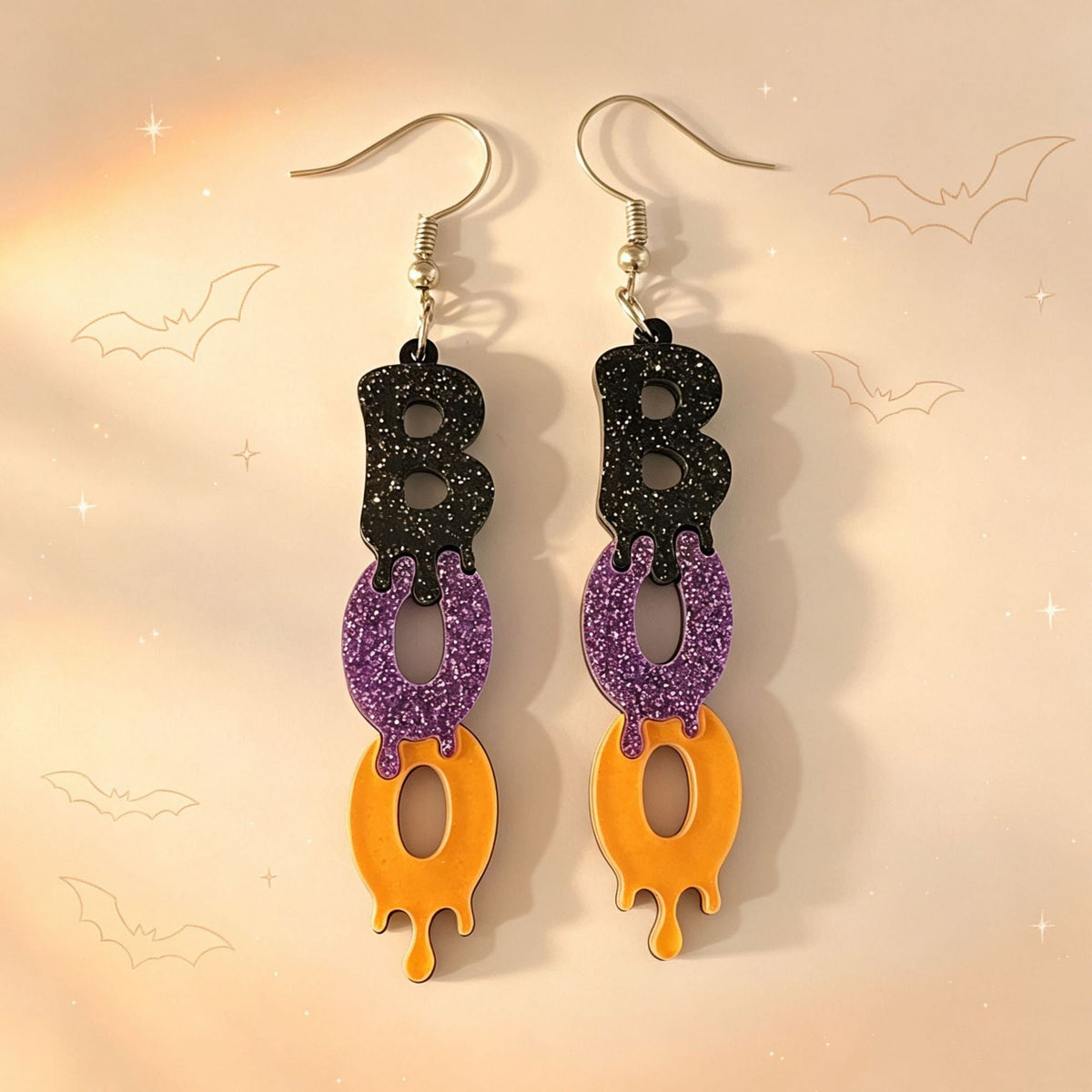 Glitter Letter Halloween Earrings — black purple earrings, view 2