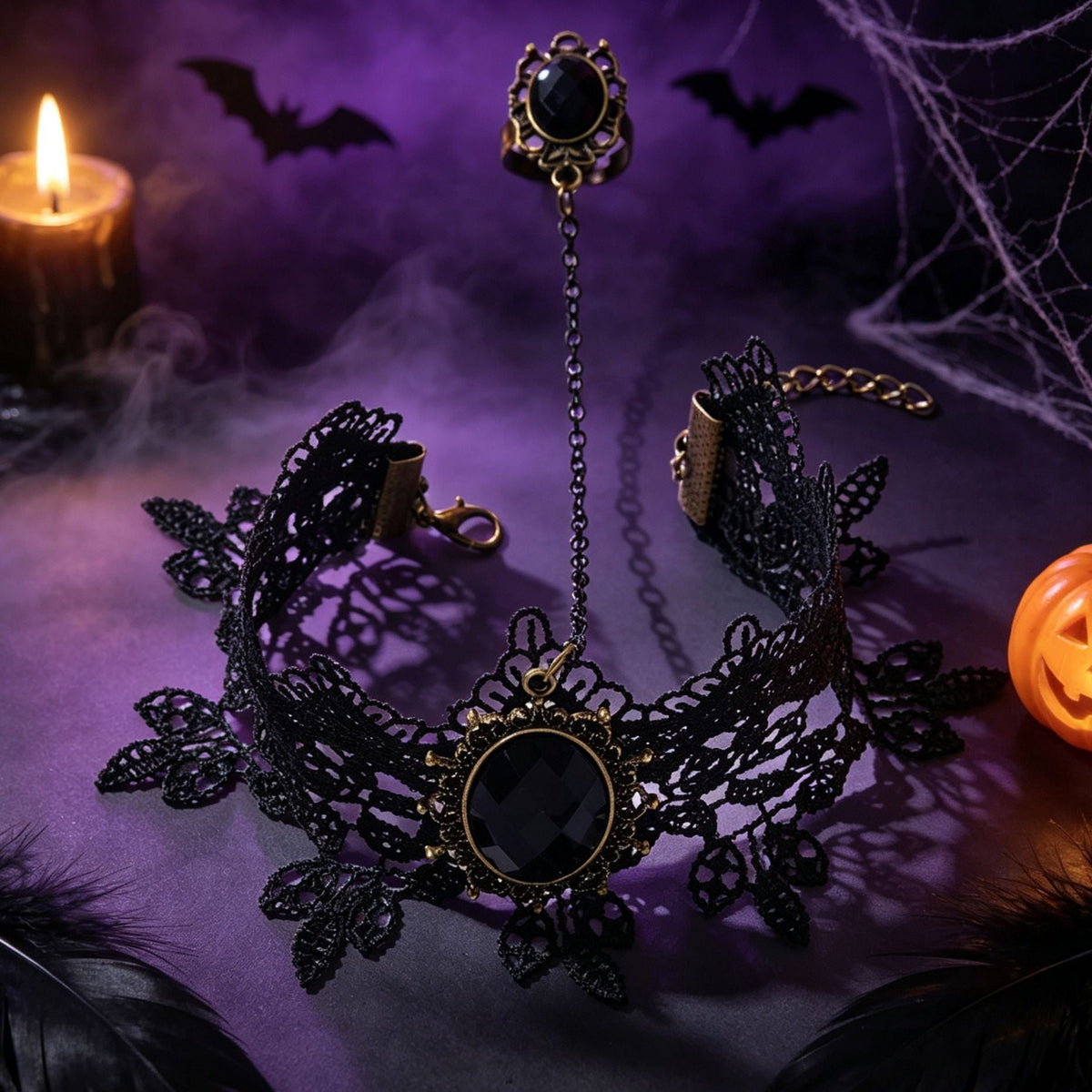 Gothic Lace Crystal Ring — black ring, view 4