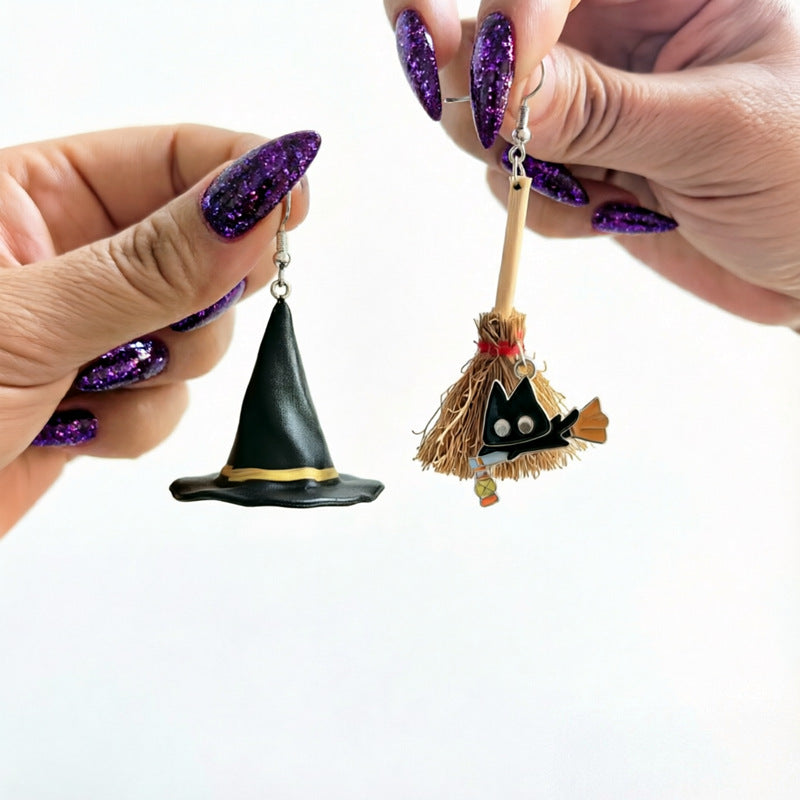 Witch Hat Broom Dangle Earrings — earrings, view 2