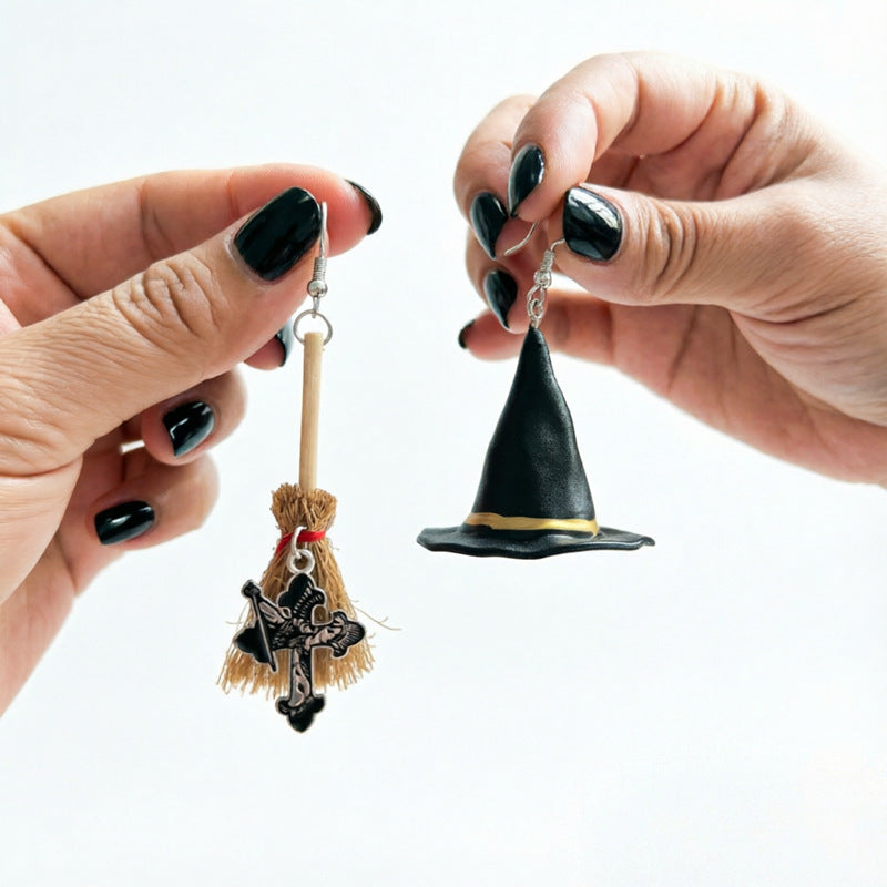 Witch Hat Broom Dangle Earrings — earrings, view 3