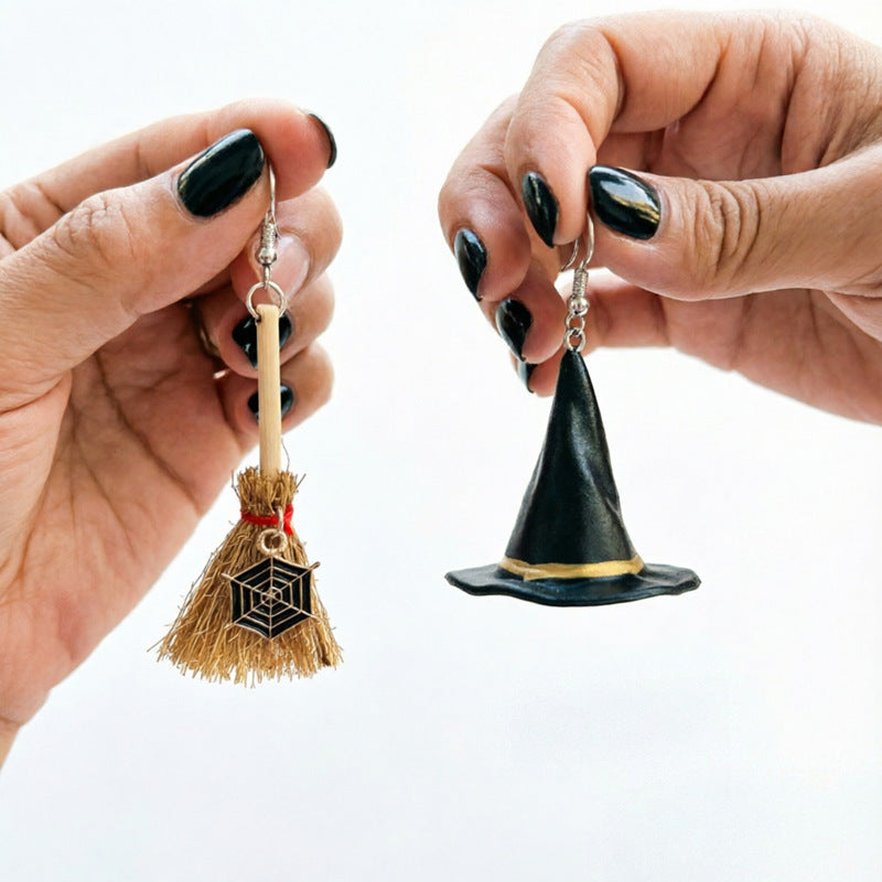 Witch Hat Broom Dangle Earrings — earrings, view 4