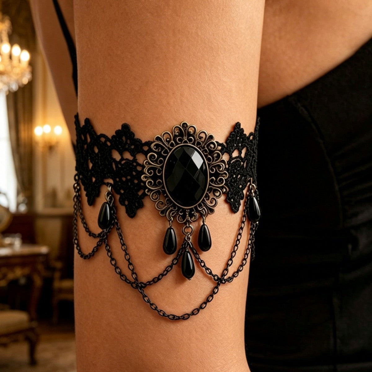 Gothic Lace Crystal Tassel Bracelet — black bracelet, view 2