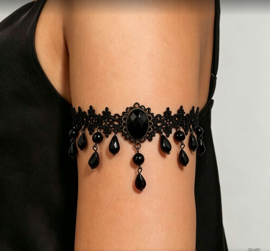 Gothic Lace Crystal Tassel Bracelet — black bracelet, view 3