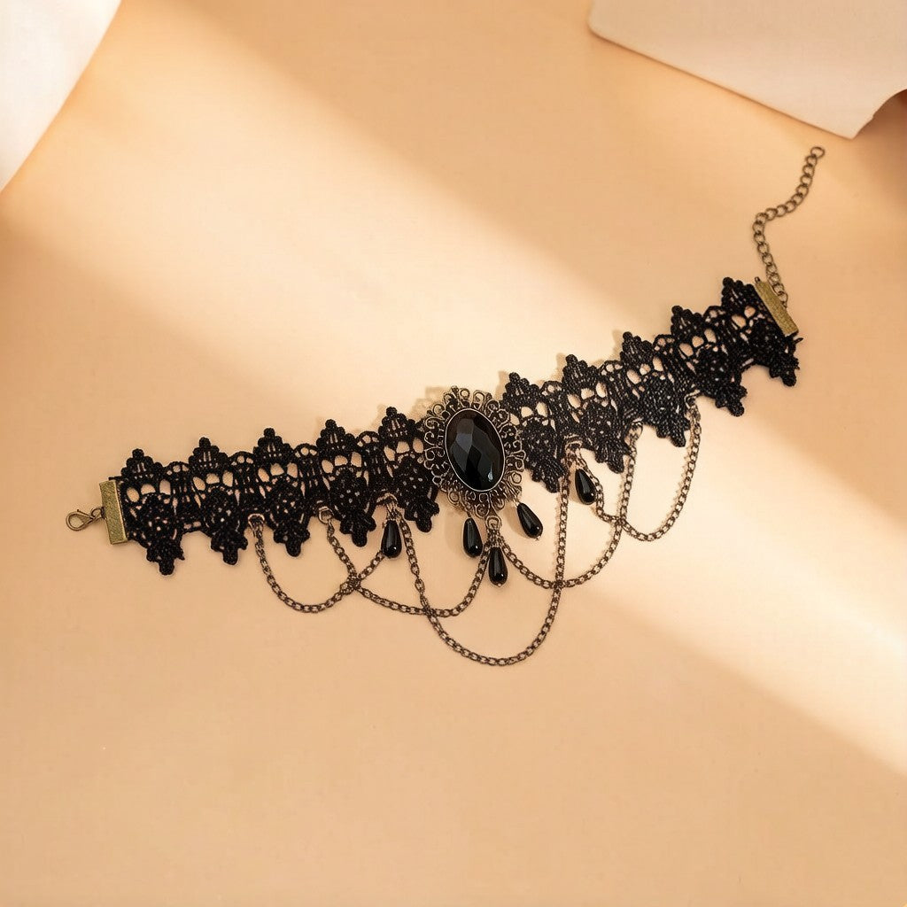 Gothic Lace Crystal Tassel Bracelet — black bracelet, view 4