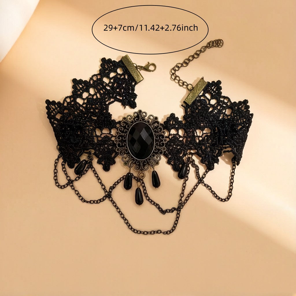 Gothic Lace Crystal Tassel Bracelet — black bracelet, view 5