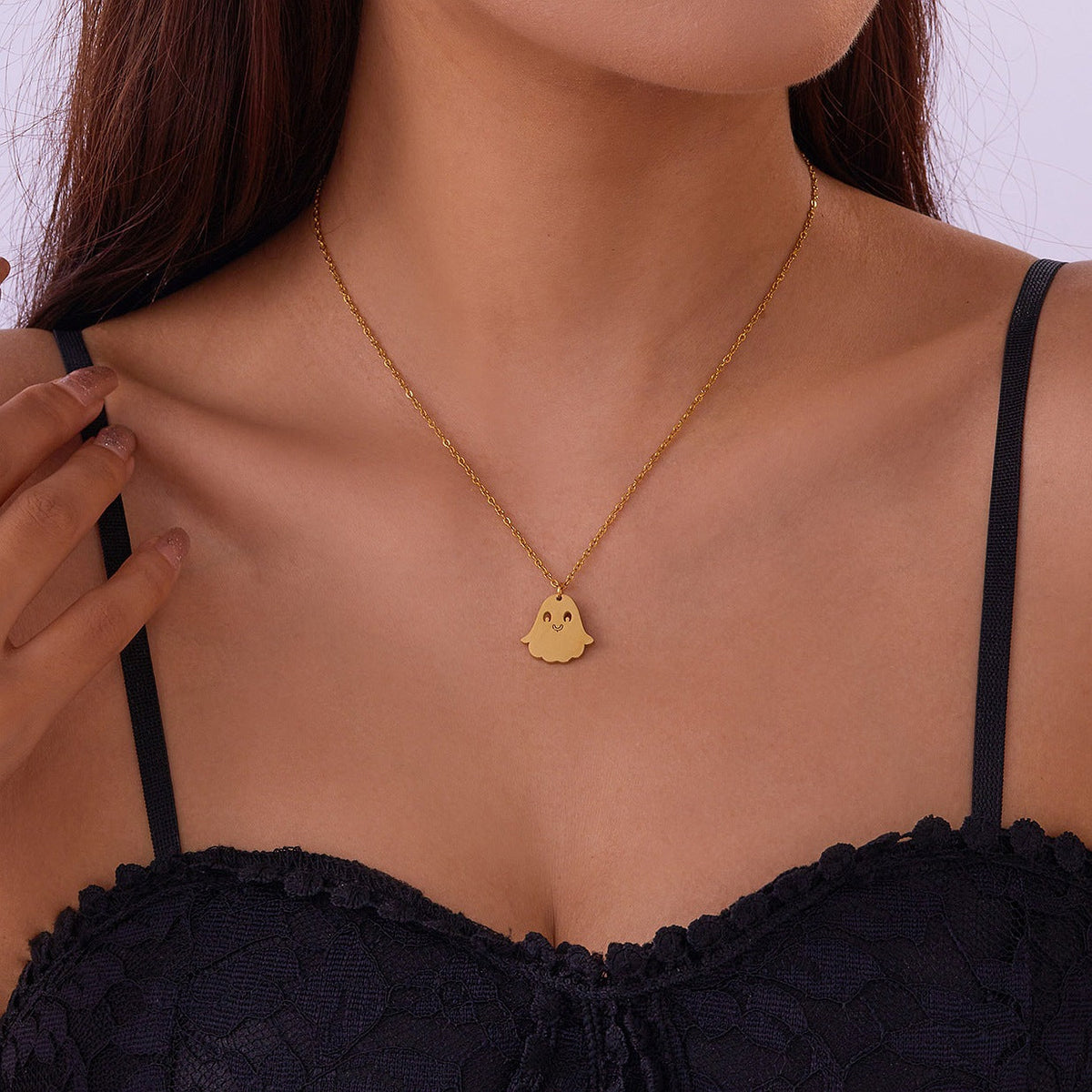 Ghost Pumpkin Pendant Necklace — necklace, view 10