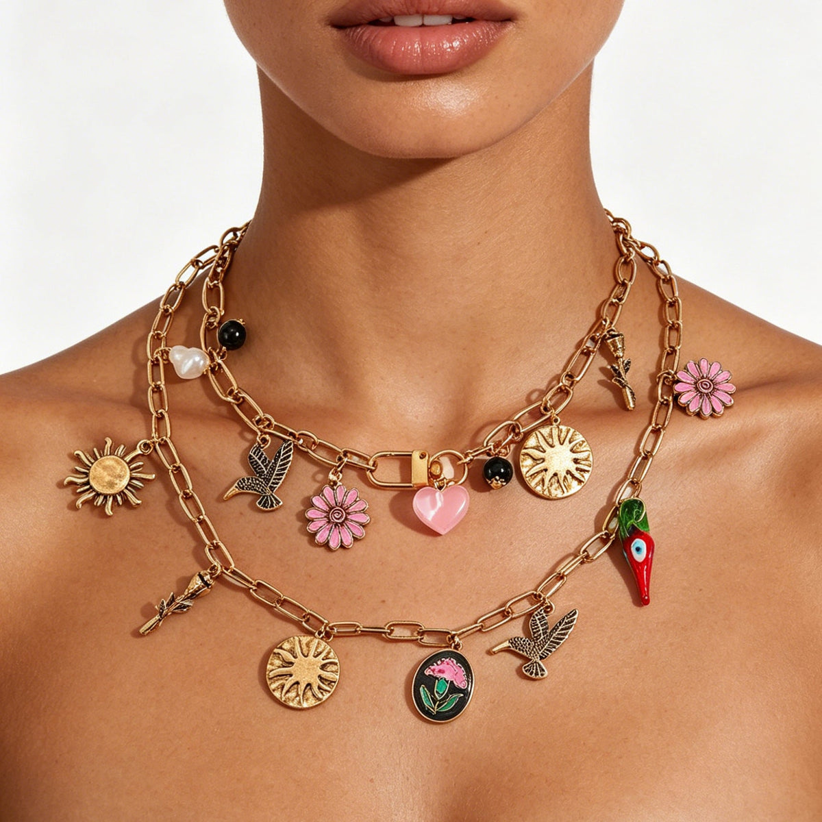 Layered Floral Heart Necklace — necklace, view 2