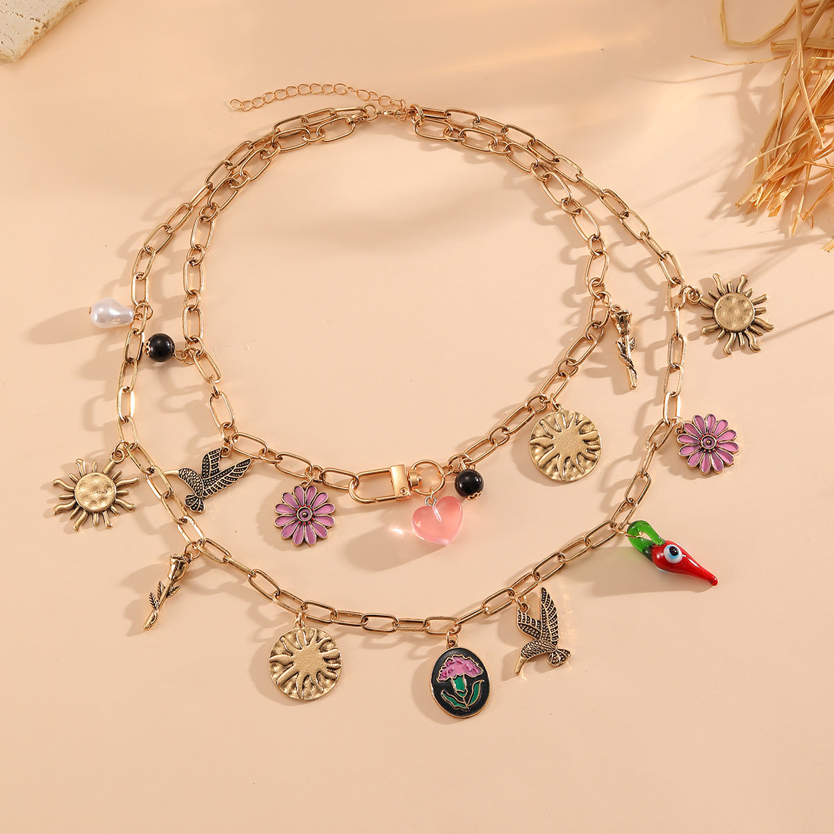 Layered Floral Heart Necklace — necklace, view 3