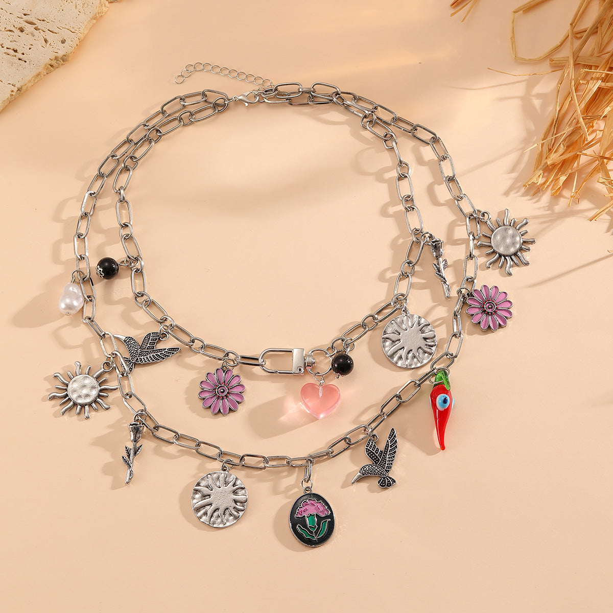 Layered Floral Heart Necklace — necklace, view 4