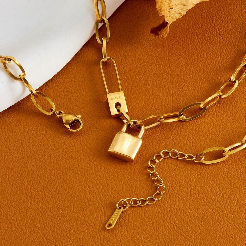 Lock Pendant Choker Necklace — gold necklace, view 4