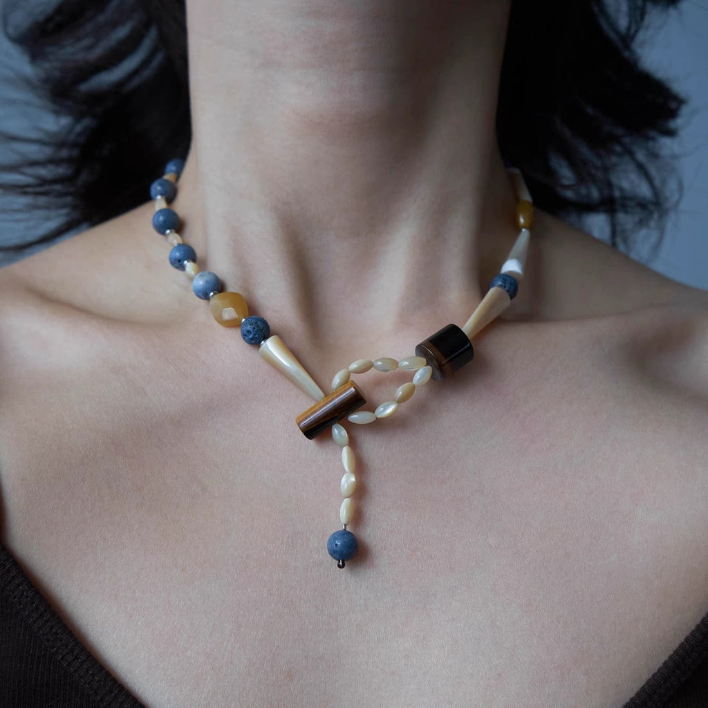 Blue Stone Y-Shaped Necklace — blue necklace, view 5