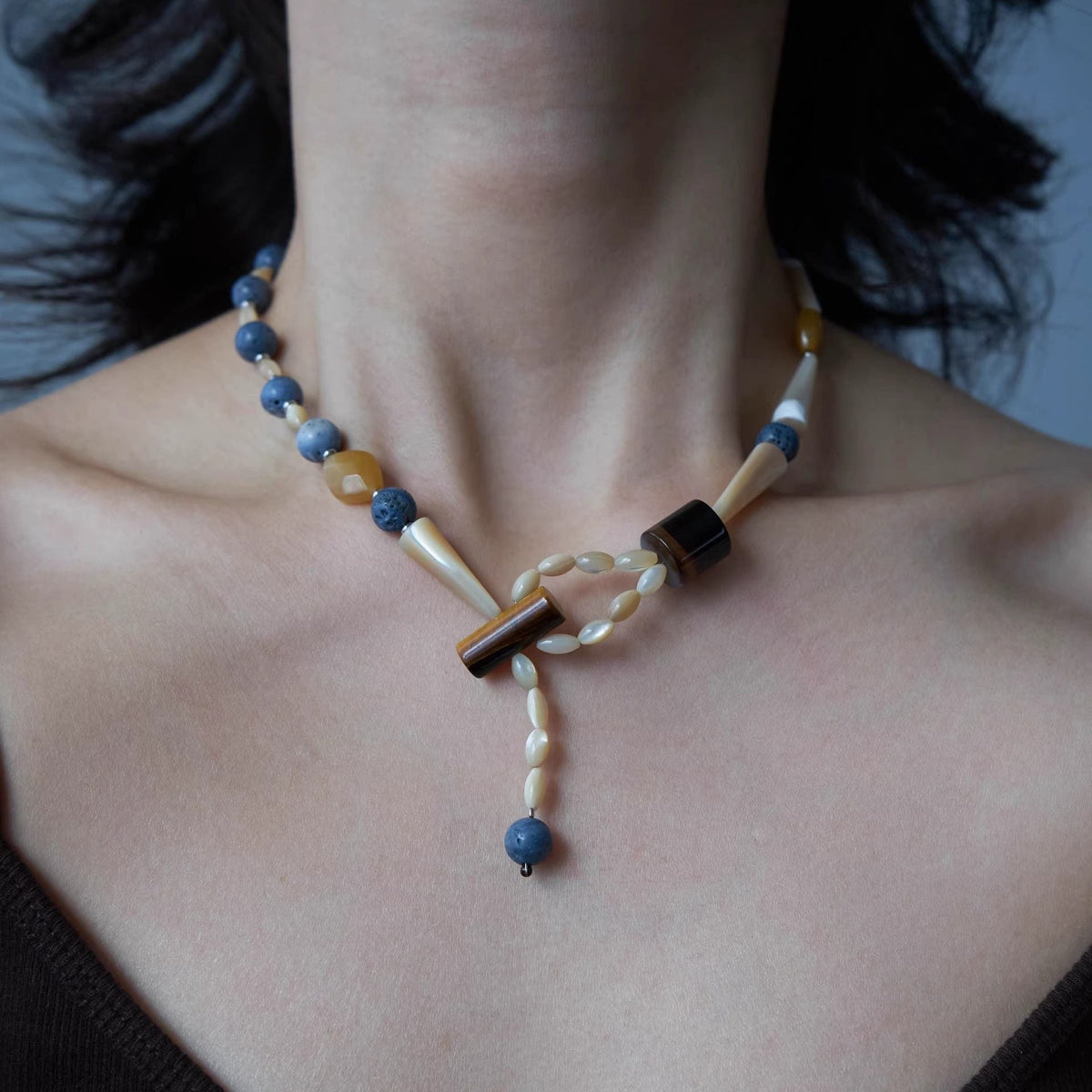 Blue Stone Y-Shaped Necklace — blue necklace, view 5