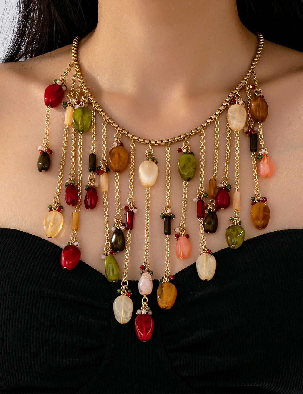 Beaded Tassel Choker Necklace — gold necklace