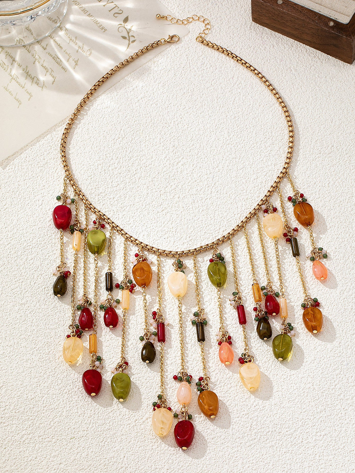 Beaded Tassel Choker Necklace — gold necklace, view 4