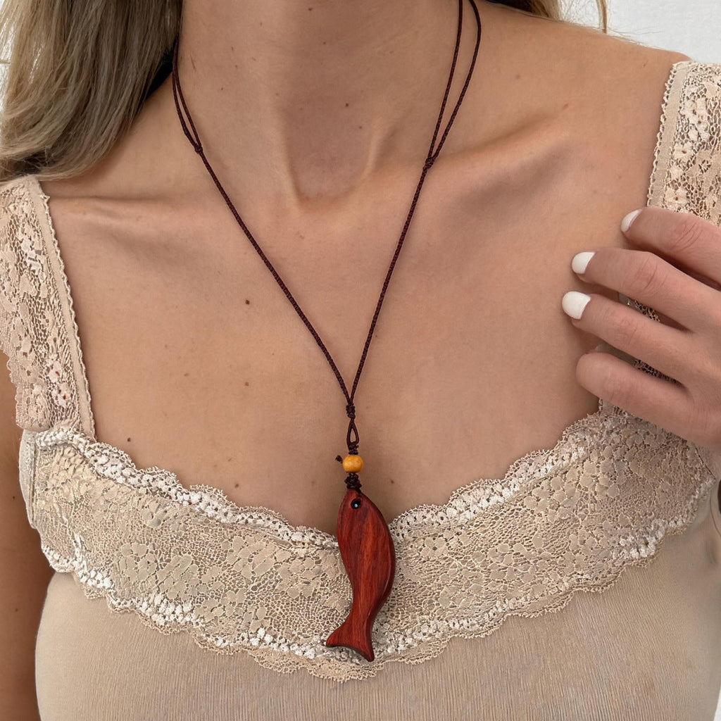 Wood Fish Pendant Necklace — necklace, view 9