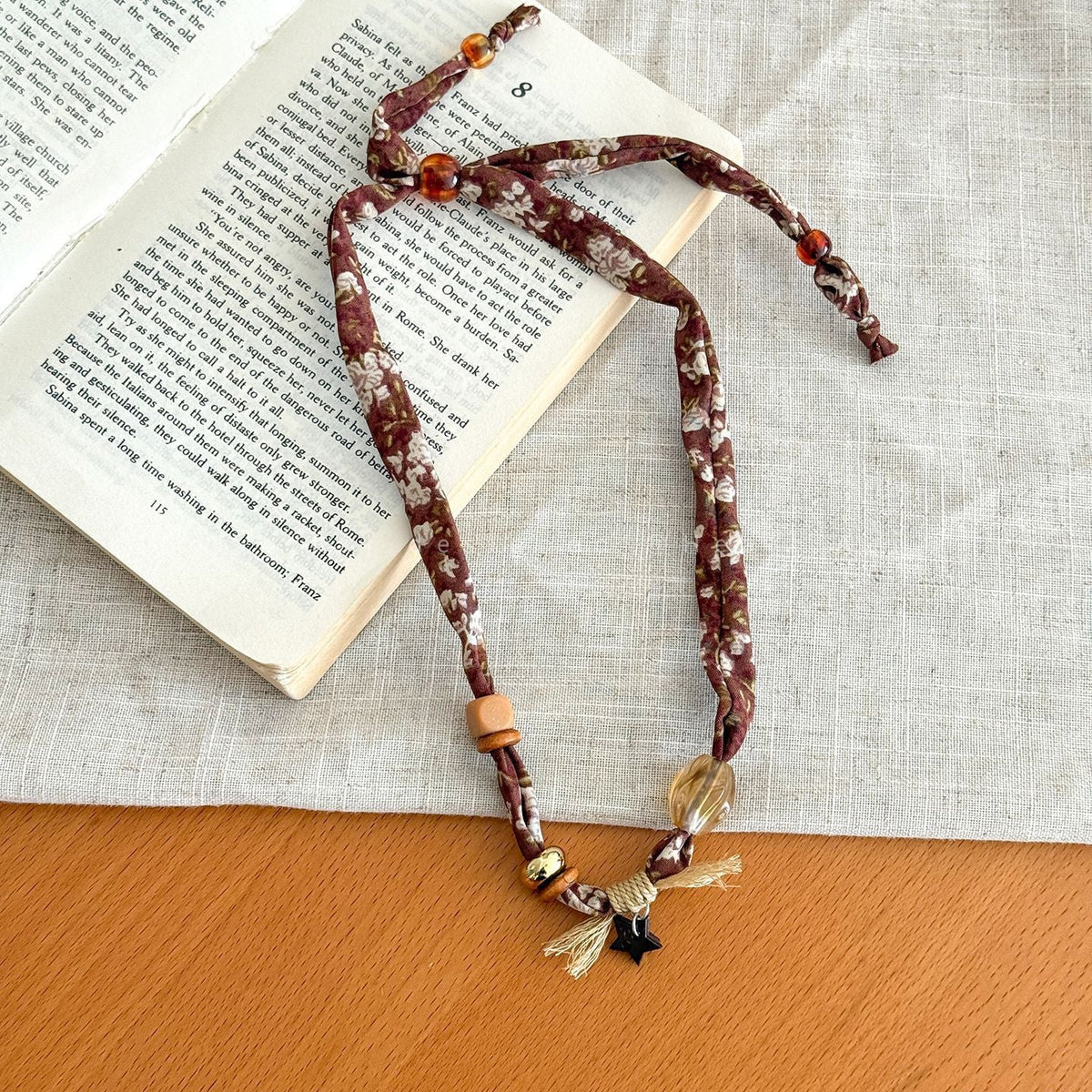 Cashew Print Beaded Necklace — brown necklace, view 2