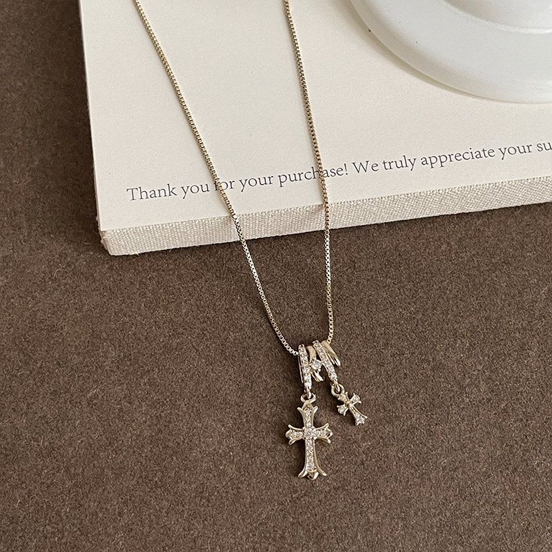 Fine Rhinestone Cross Pendant Necklace — necklace, view 3