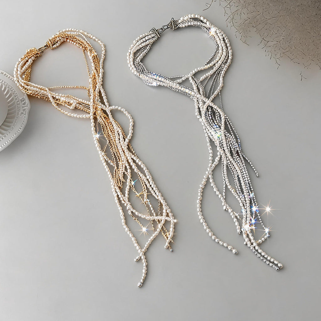 Multi-Layer Pearl Rhinestone Necklace — necklace, view 2