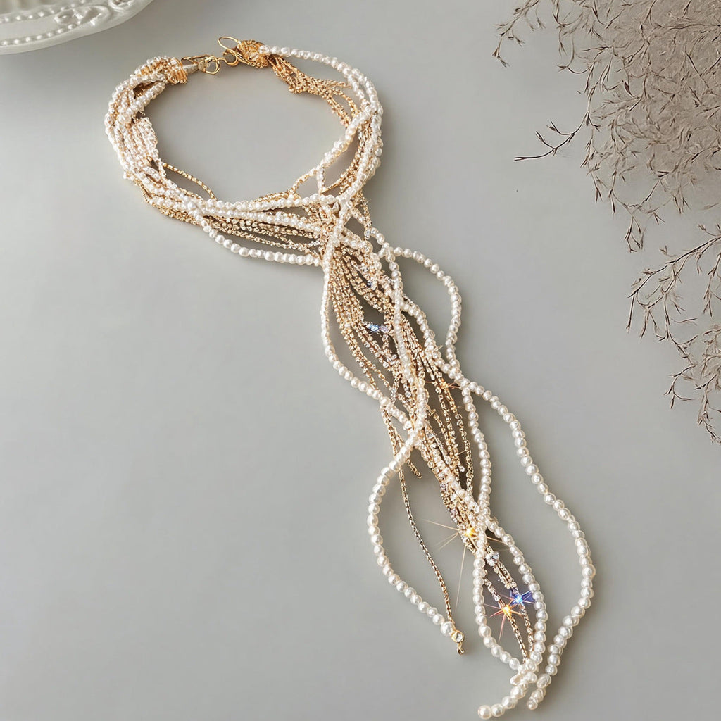 Multi-Layer Pearl Rhinestone Necklace — necklace, view 3