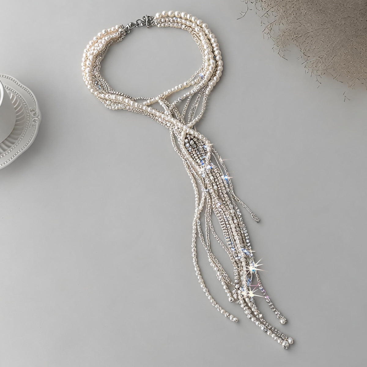 Multi-Layer Pearl Rhinestone Necklace — necklace, view 4