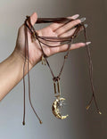 Braided Moon Pendant Necklace — brown necklace