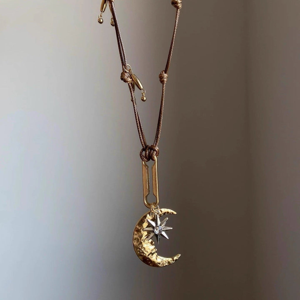Braided Moon Pendant Necklace — brown necklace, view 2