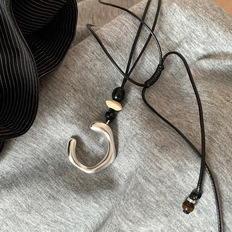 Silver Rope Necklace With C-Shape Pendant — silver necklace, view 2