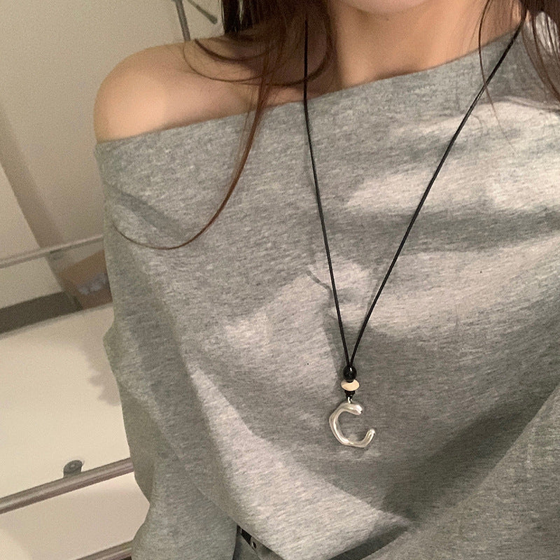 Silver Rope Necklace With C-Shape Pendant — silver necklace, view 3