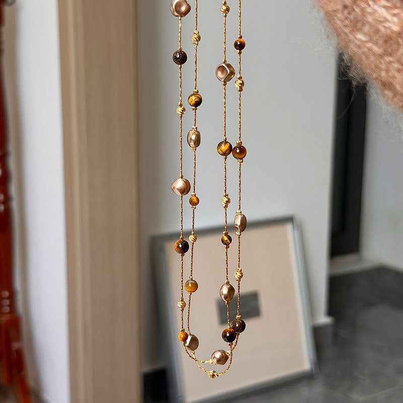 Double Layer Tiger's Eye Necklace — gold necklace, view 2
