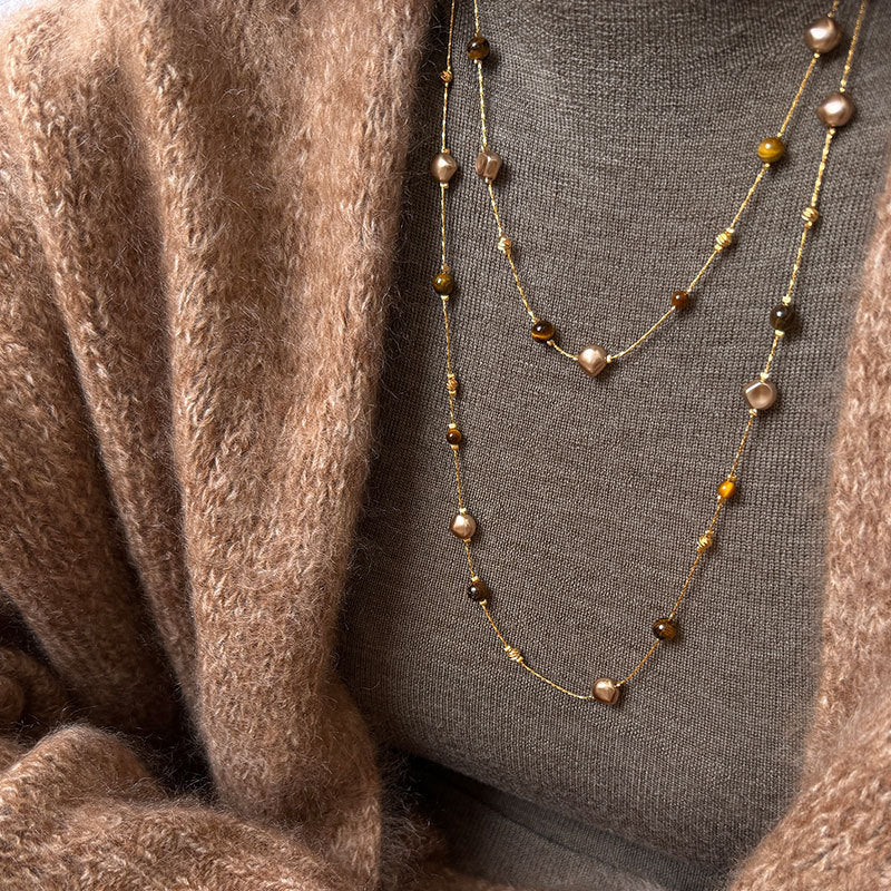 Double Layer Tiger's Eye Necklace — gold necklace, view 4