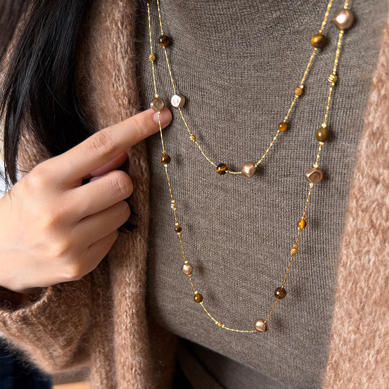 Double Layer Tiger's Eye Necklace — gold necklace, view 5
