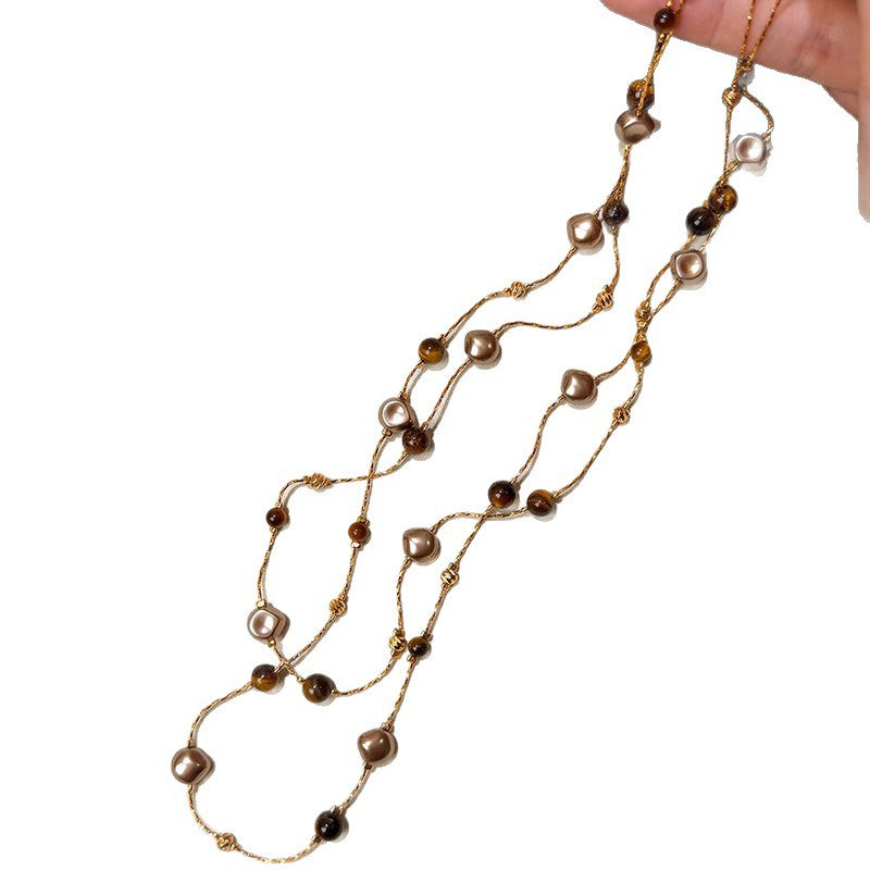 Double Layer Tiger's Eye Necklace — gold necklace, view 6
