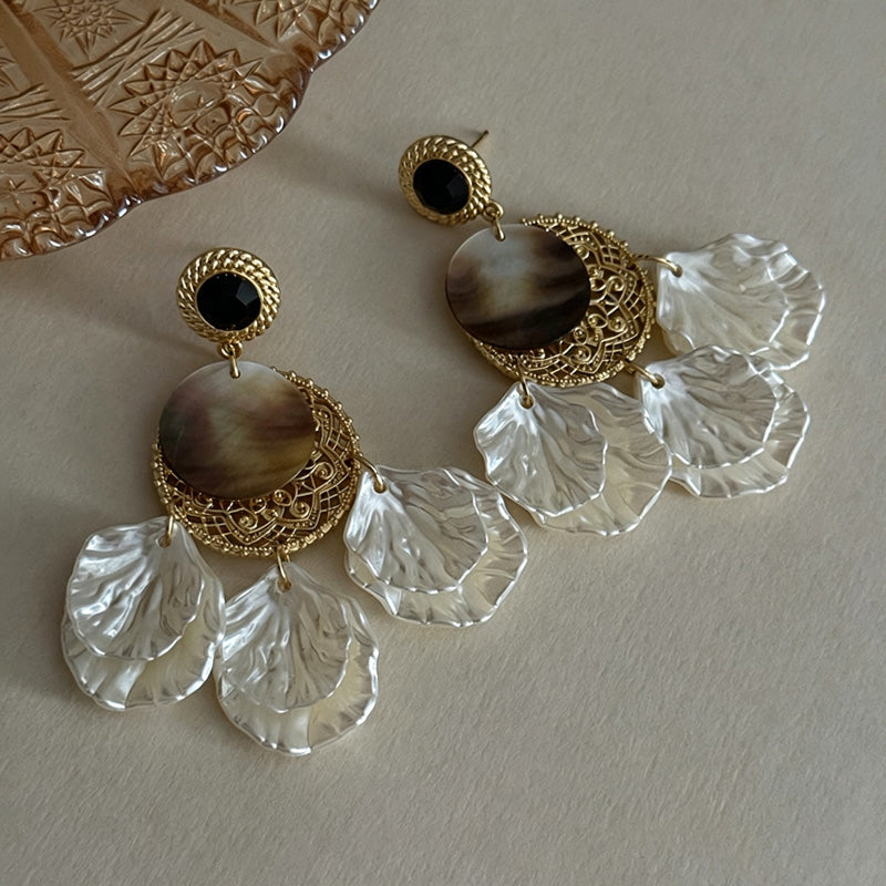 Floral Shell Tassel Stud Earrings — earrings, view 2