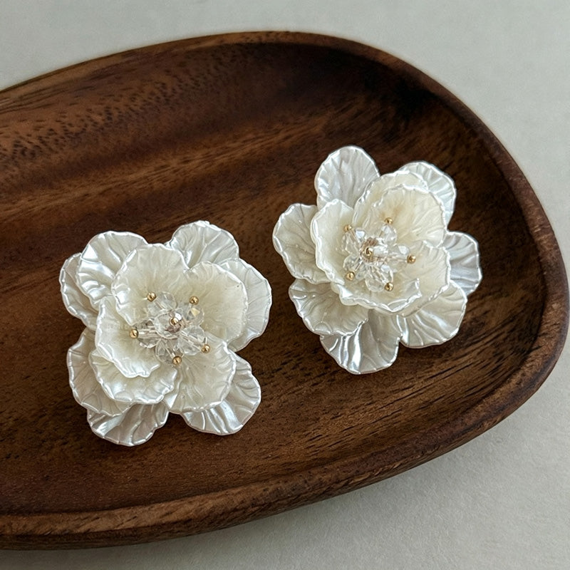 Floral Shell Tassel Stud Earrings — earrings, view 3