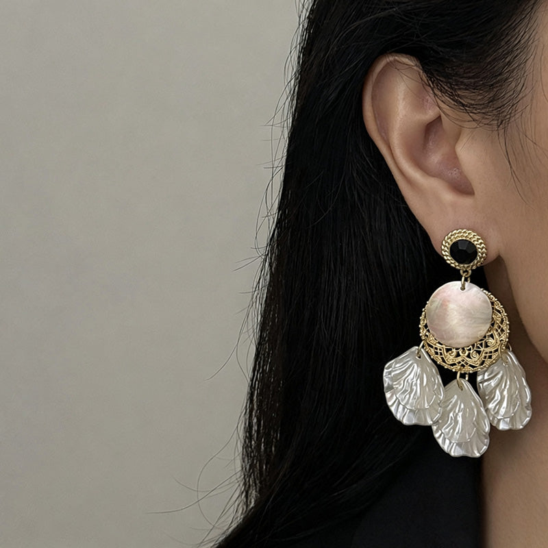 Floral Shell Tassel Stud Earrings — earrings, view 8