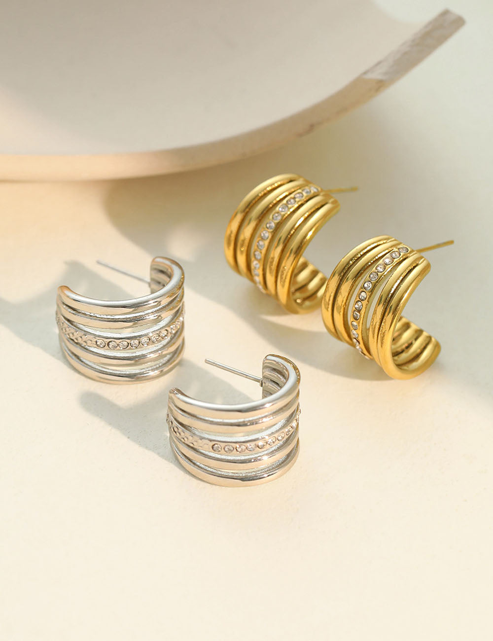 Rhinestone C-Shaped Hoop Earrings — earrings