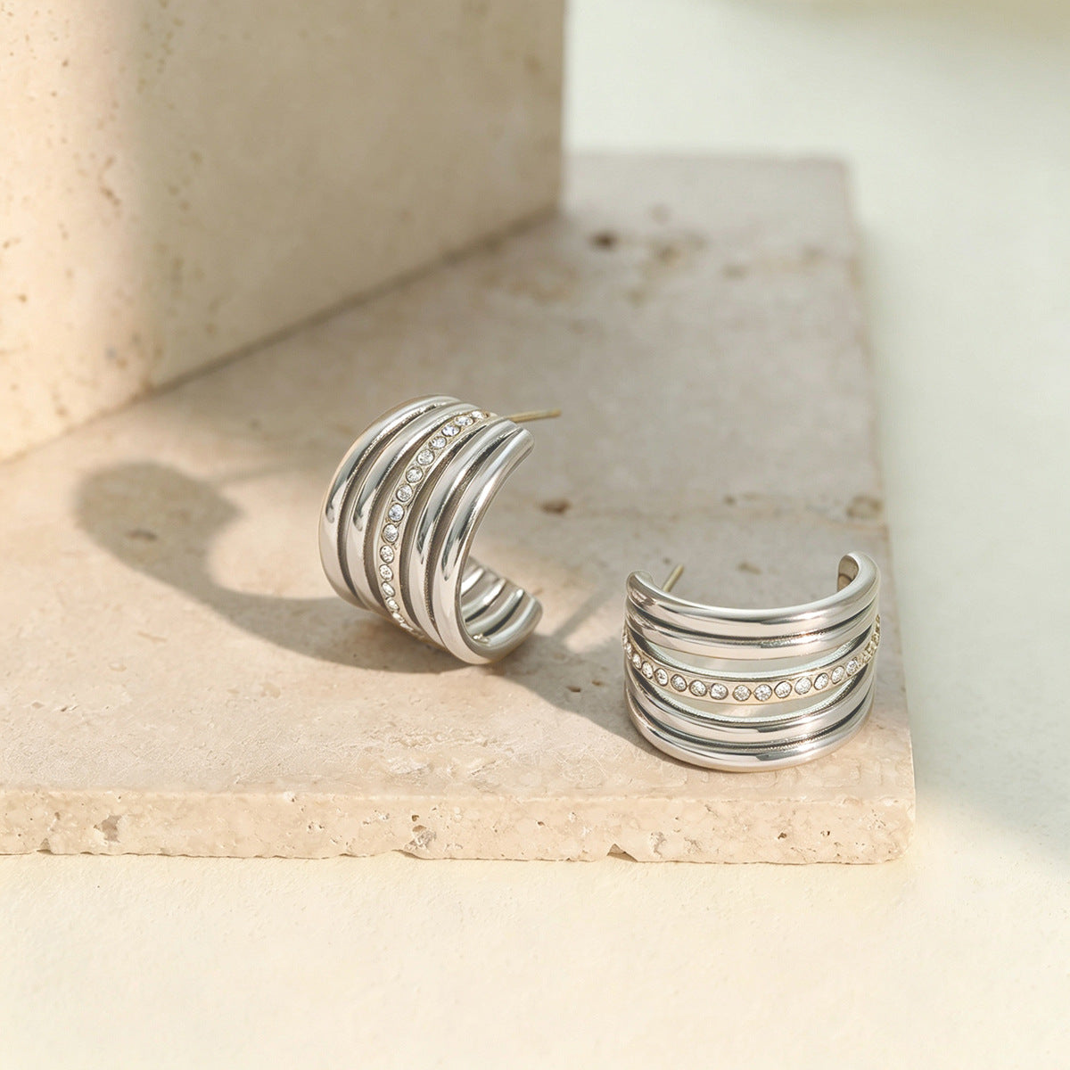 Rhinestone C-Shaped Hoop Earrings — earrings, view 3