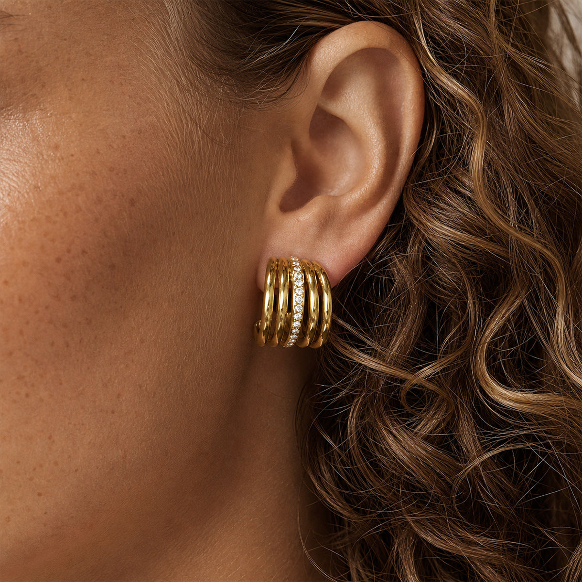 Rhinestone C-Shaped Hoop Earrings — earrings, view 5